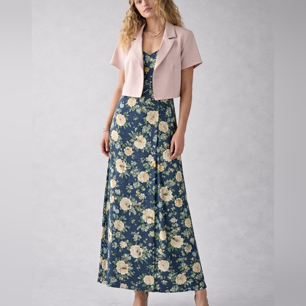 FLORAL NAVY Maxi Skirt. With Jacket.